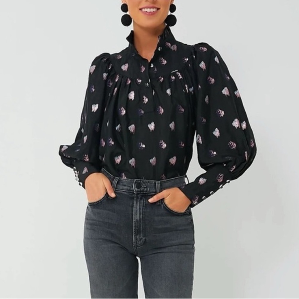 Tuckernuck Black Pink Blurred Dot Fil Coupe Corrigan Blouse Button Sleeve‎